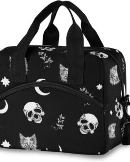 Skull Cat & Moon Gothic Aesthetic, Reusable Insulated Lunch Tote Bag, Back to School Supplies
