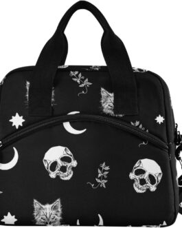 Skull Cat & Moon Gothic Aesthetic, Reusable Insulated Lunch Tote Bag, Back to School Supplies
