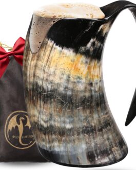 OLDEMPEROR Viking Drinking Horn Mug -16 Oz – Chirstmas Gifts for Men, Women, Dad, Husband – Unique Handmade for Hot & Cold – Food Grade Medieval Style Ale Beer & Mead Cup