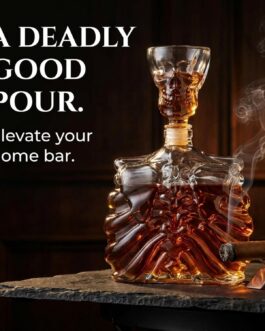 Godinger Skull Decanter Set, Whiskey Decanter and Shot Glass, Skeleton Decanter, Gothic Skull Decor for Home Bar, Liquor Decanter — 32oz