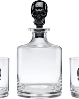 Oneida Barware, 5-Piece Skeleton Whiskey Set, 4 Drinking Glasses & 1 Decanter, Dishwasher Safe, Halloween Decor Indoor, Halloween Table Decorations for Party, Skeleton Themed (4 Glasses, 1 Decanter)