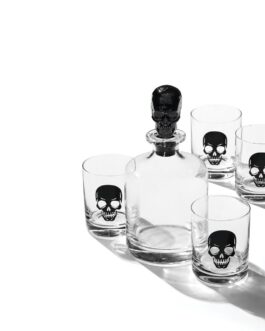 Oneida Barware, 5-Piece Skeleton Whiskey Set, 4 Drinking Glasses & 1 Decanter, Dishwasher Safe, Halloween Decor Indoor, Halloween Table Decorations for Party, Skeleton Themed (4 Glasses, 1 Decanter)